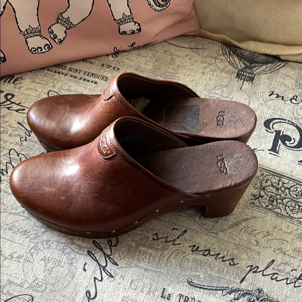 UGG Brown Leather Clog Mule - Women's